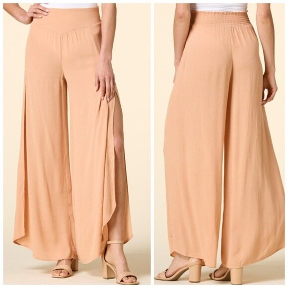 Boho Wide-Leg Pants Brown Smocked Waist Flowy Lightweight Slit Leg 32” Sz XL - Picture 1 of 14